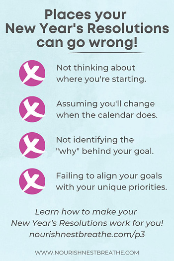 Your New Year's Resolutions can go wrong if you're: not thinking about where you're starting, assuming you'll change when the calendar does, not identifying the "why" behind your goal, or failing to align your goal with your unique priorities.